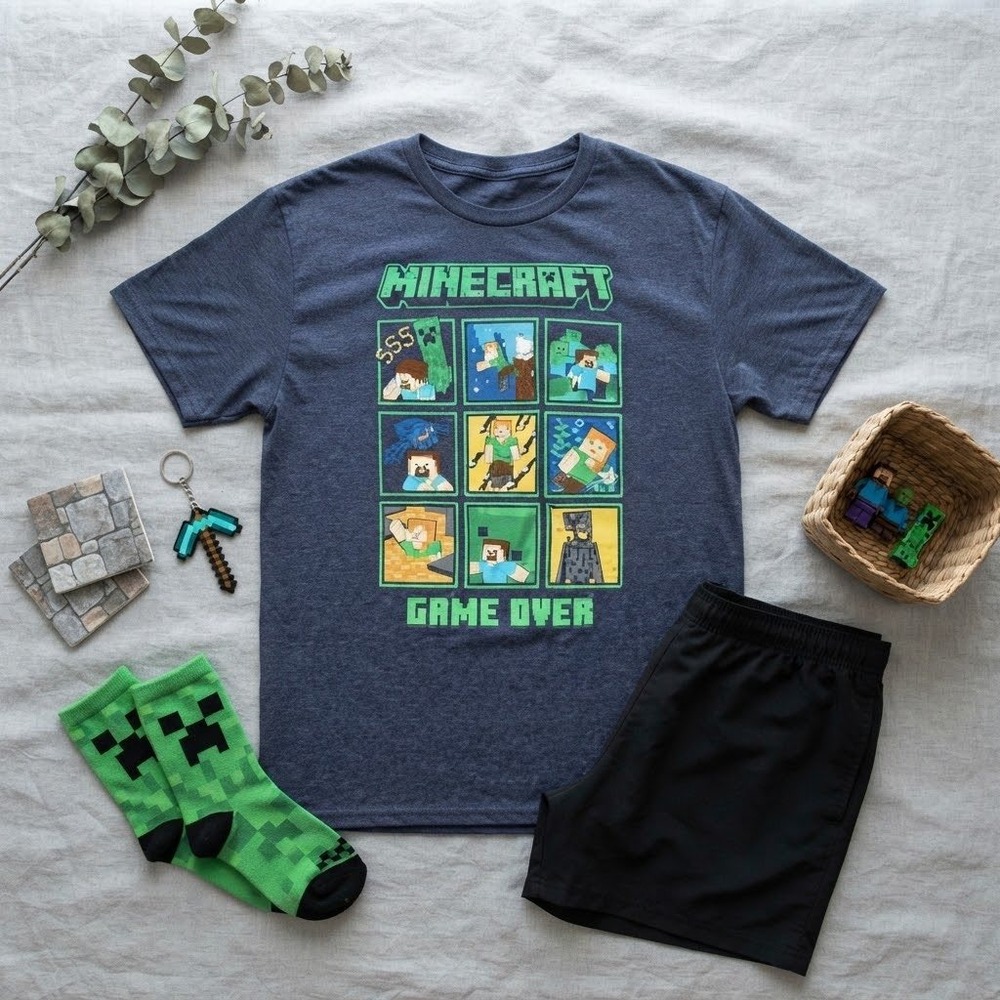 Minecraft Game Over Graphic T-Shirt Boys Size Medium 10-12 Navy Blue Mad Engine